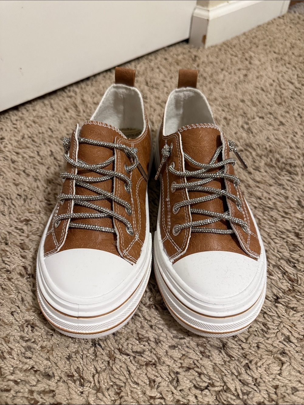 Tan Low-Top Embossed Sneakers with White Toe
